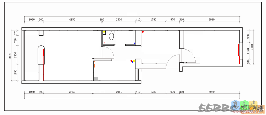50几平，想要有2个卧室功能，兼小会客室，餐厅功能，是不是太为难了。图中红色为暖气管，蓝色为自来水管，黄色为下水道，灰色为烟道，橘色为煤气管道位置。求各位集思广益。