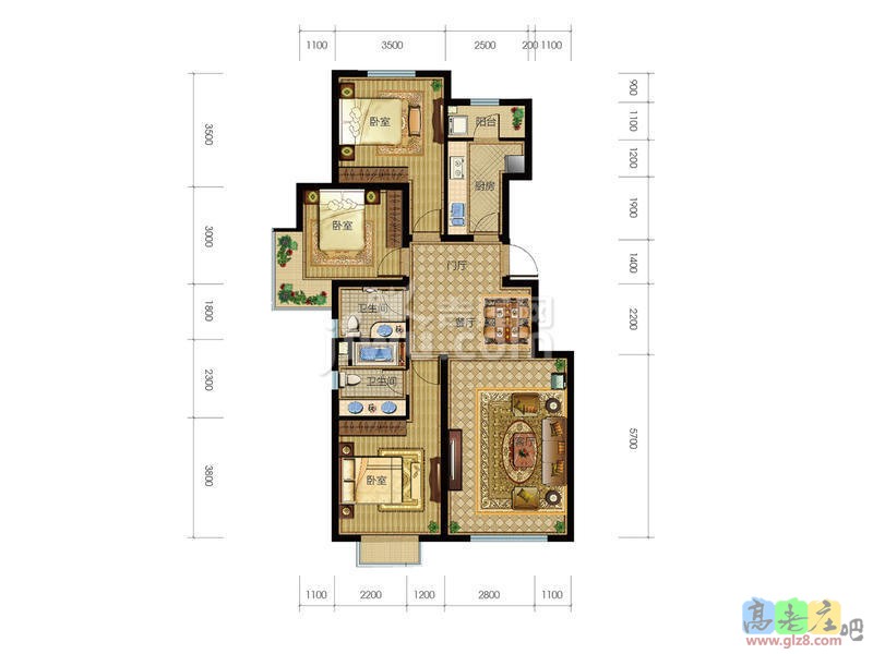 户型图，入户门应该在左边，厨房在北。