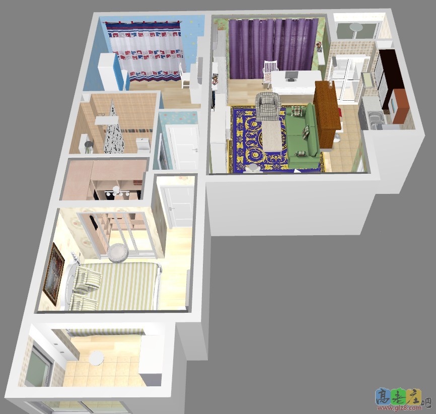 大移门，灶台放阳台的立体图
