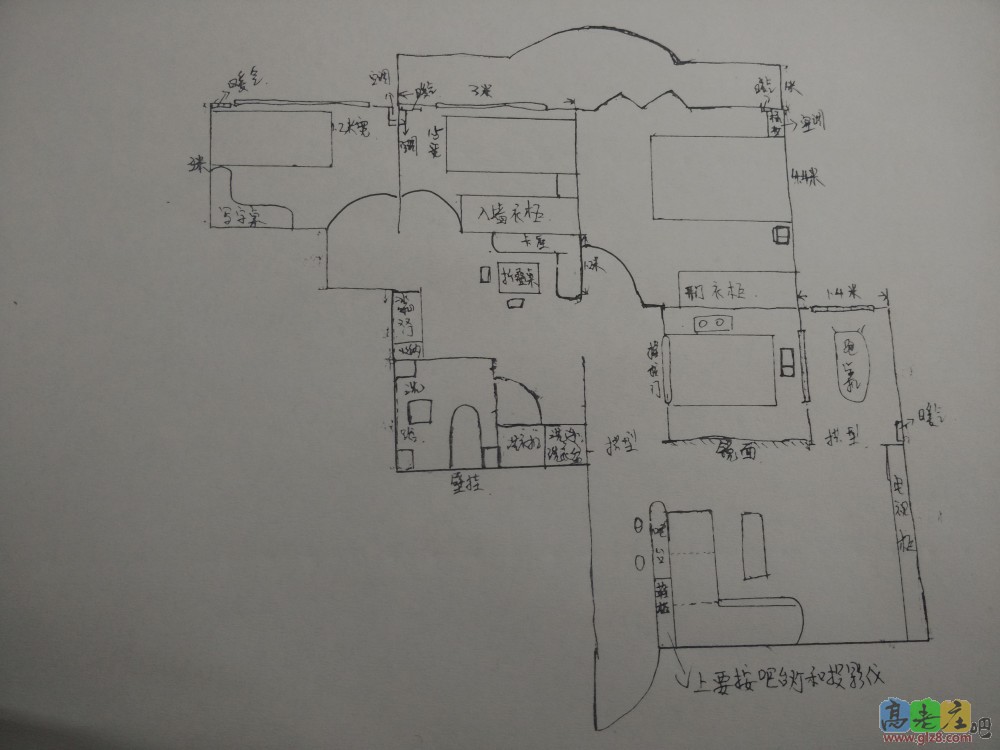 我自己画的实际的我家的户型，建面115 平，三室一厨一卫，一个半厅