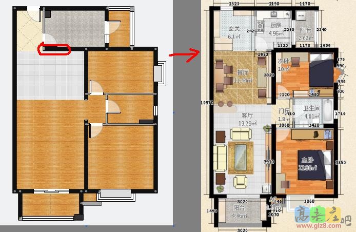 想把厨房的墙体打掉一部分，把门厅做大，加上玄关