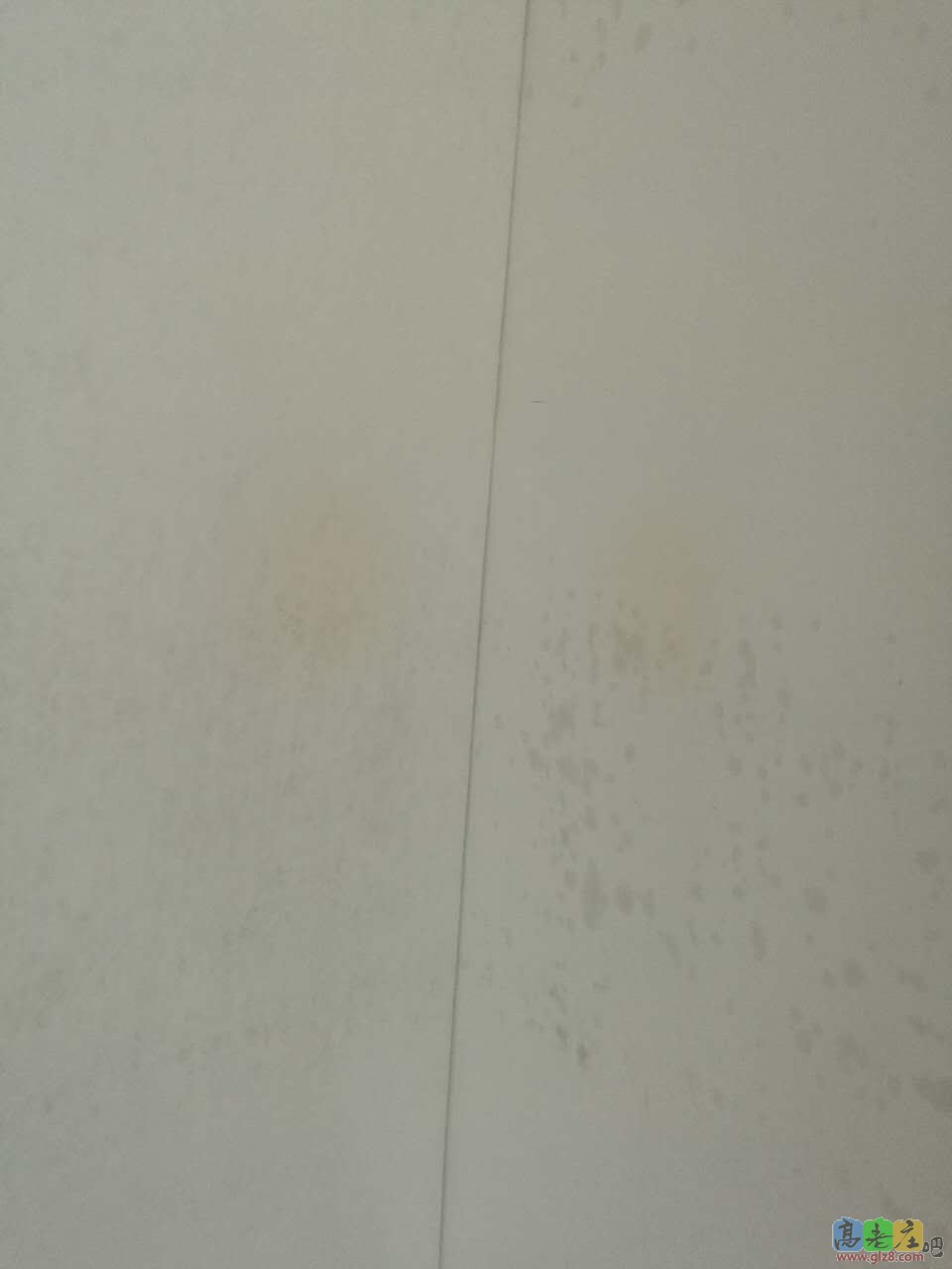 左侧为揭开壁纸背面，右侧为墙面，可看到黄斑